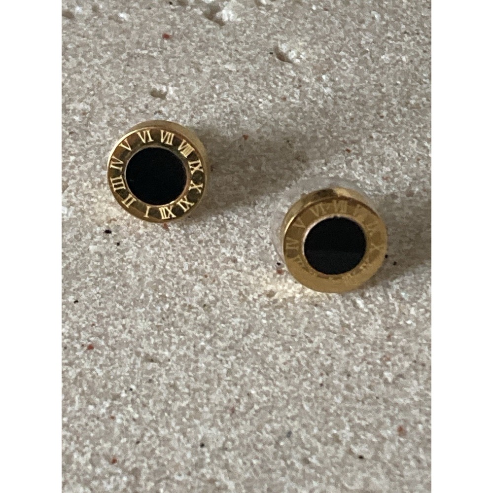 Gold Tone & Black Roman‎ Numeral Stud Earrings Round Minimalist Dainty Round